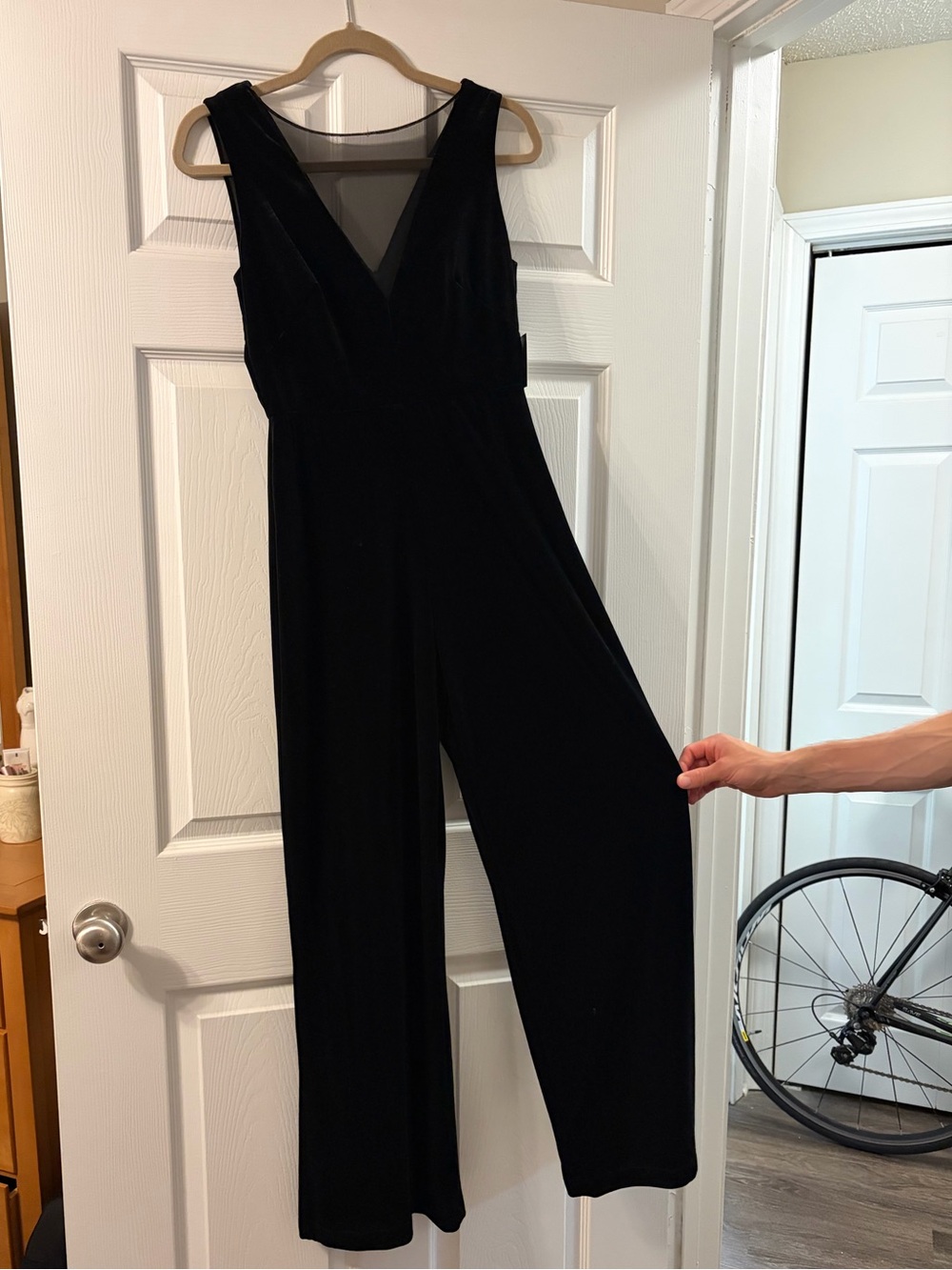 Black Velvet Jumpsuit with a Meshed V-Neck